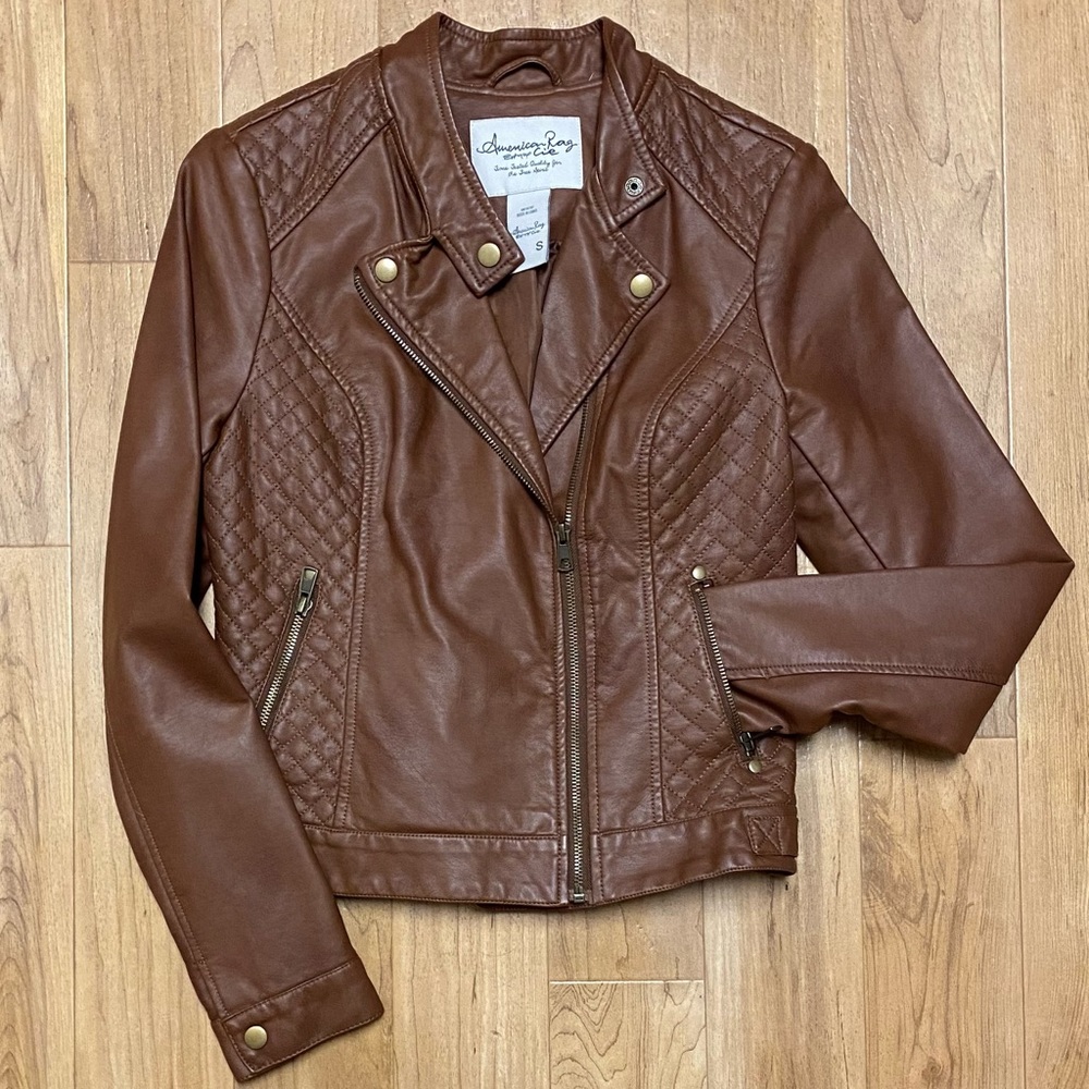 American Rag faux leather moto jacket brown size small